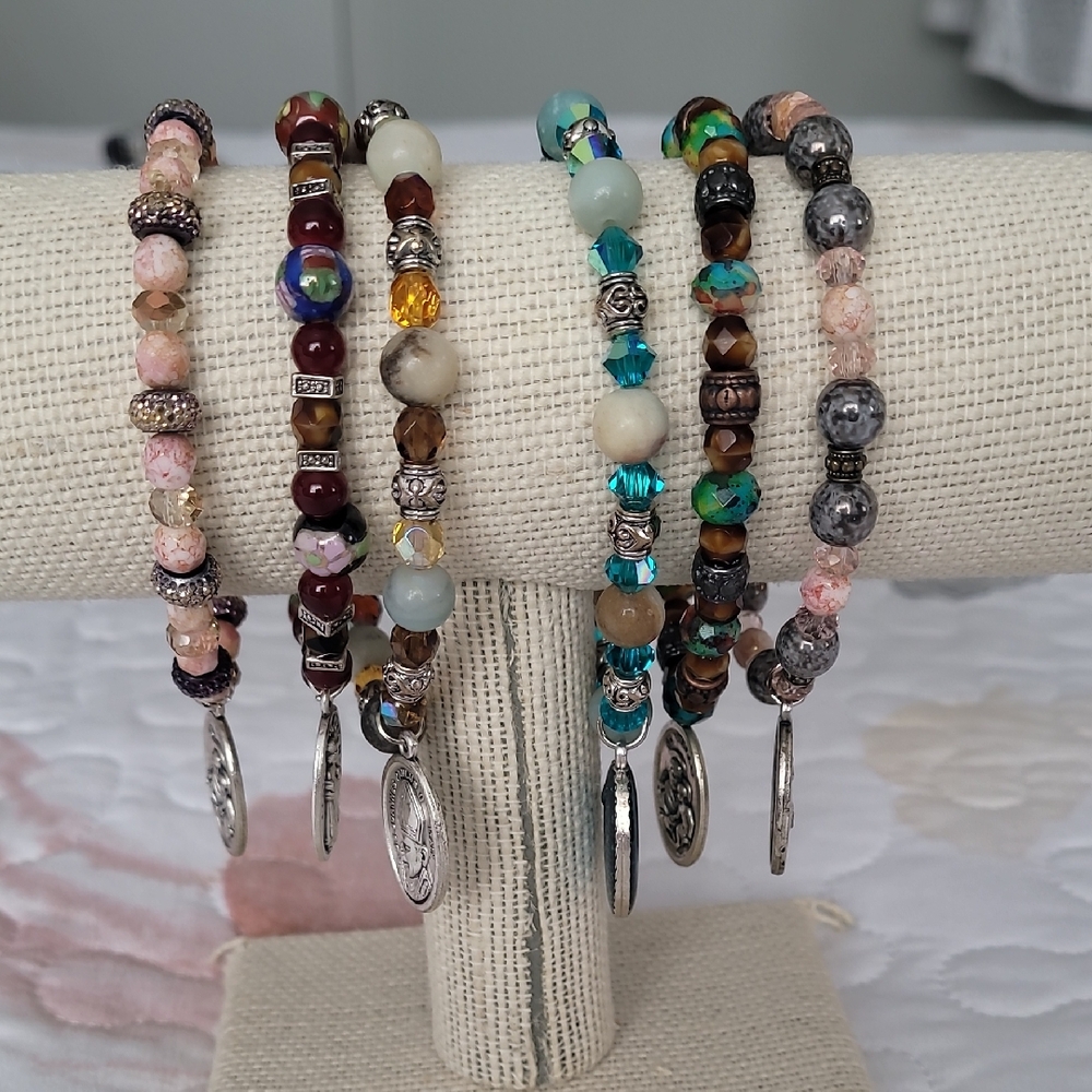 Elegant Beaded Bracelet Set with Silver Accents With Religious Images